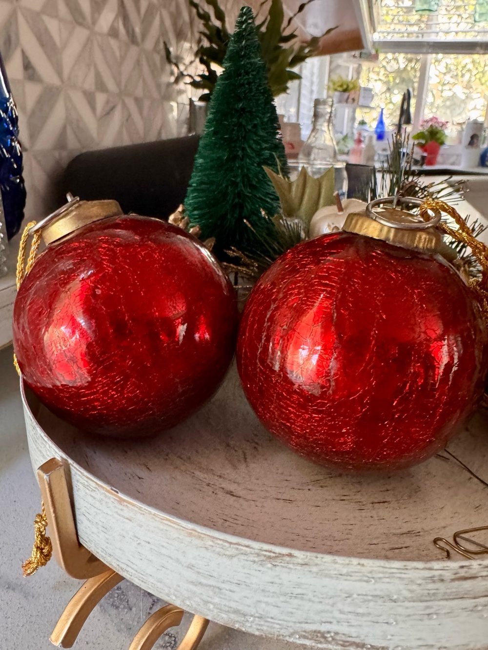 Set of 2 Heavy Red Crackle Glass Kugel Christmas Ornaments - 3.5”